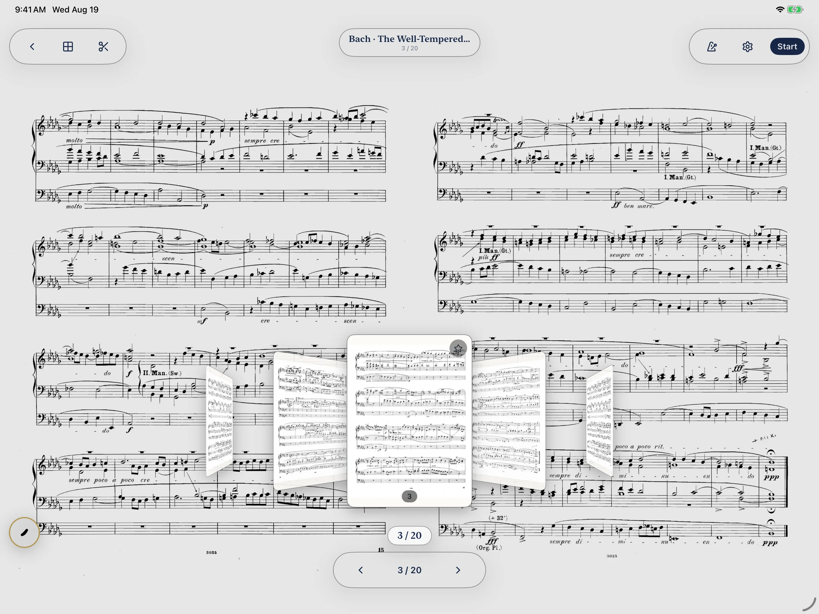 Page preview with thumbnails fanned out like cover flow