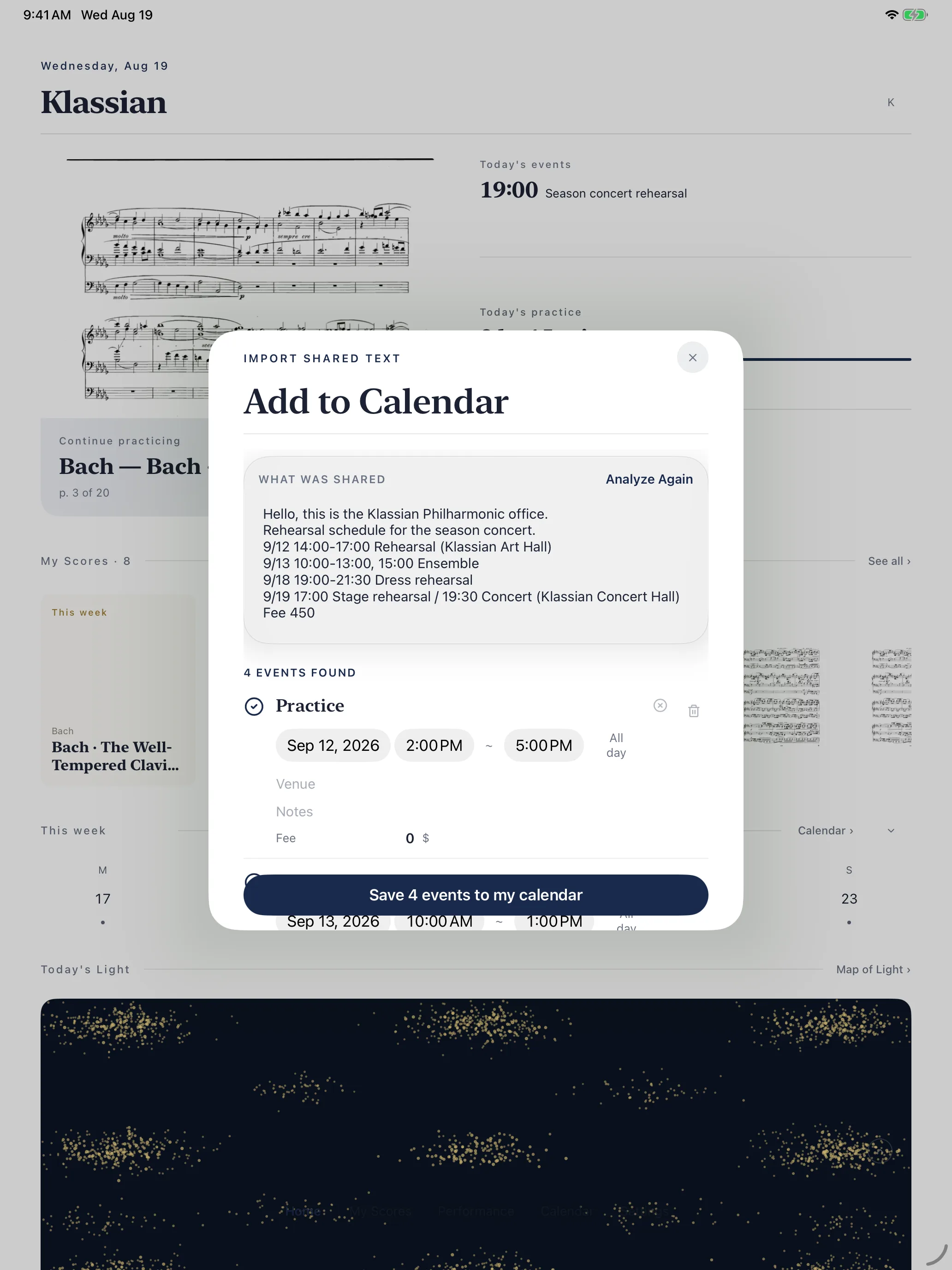Events found in a shared booking message