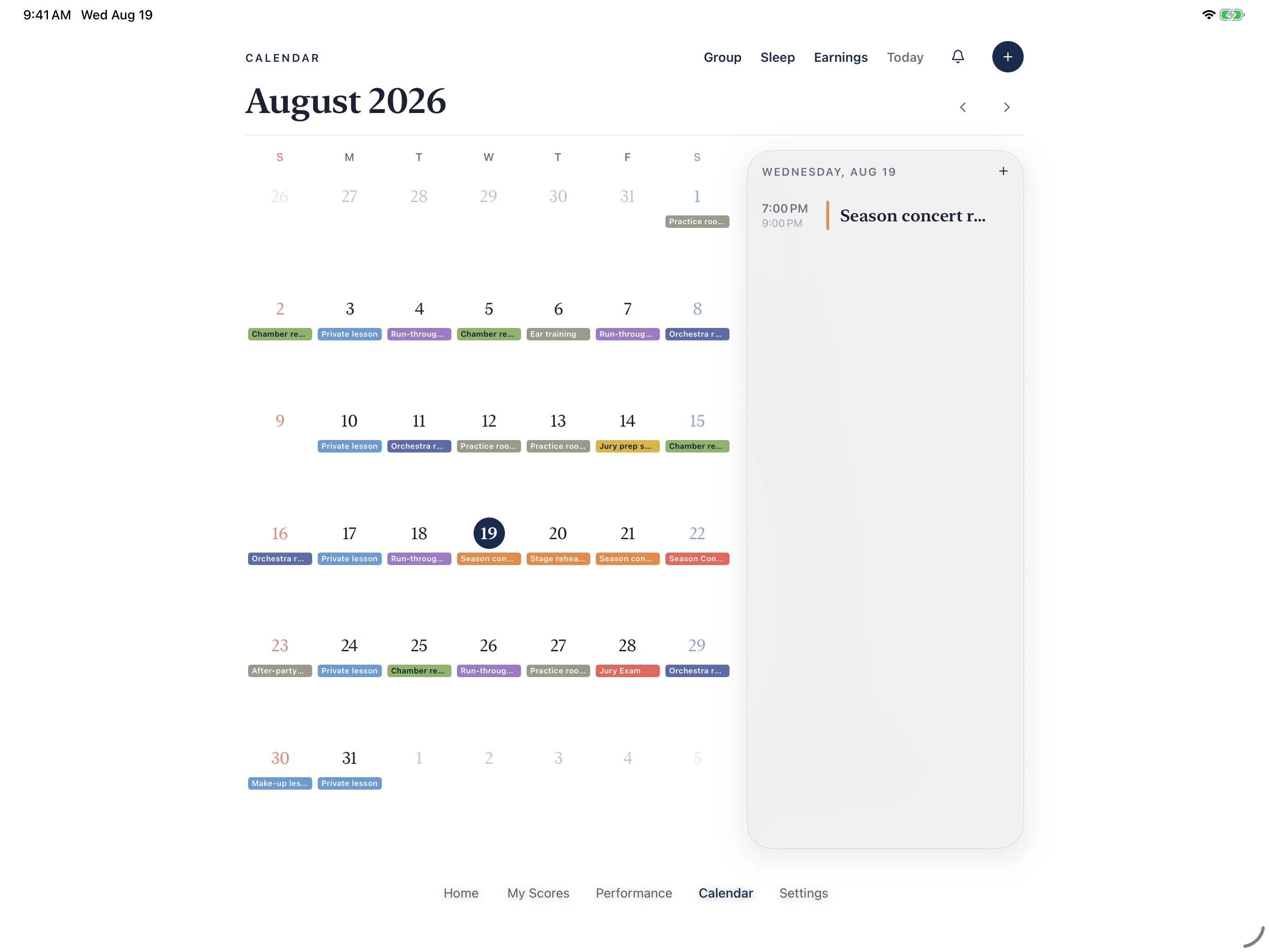 A monthly calendar filled with events