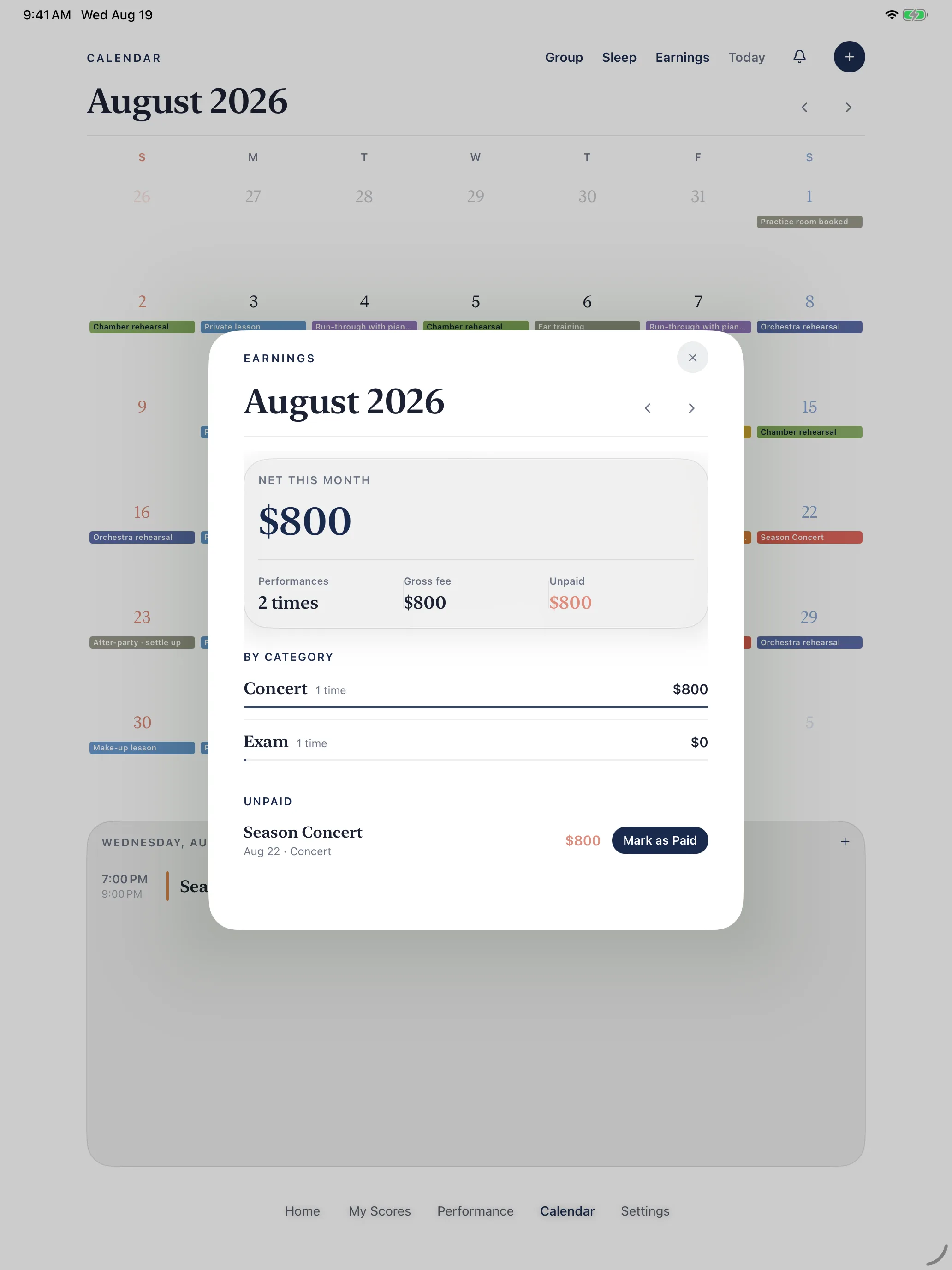 Monthly fee settlement showing after-tax income and unpaid fees