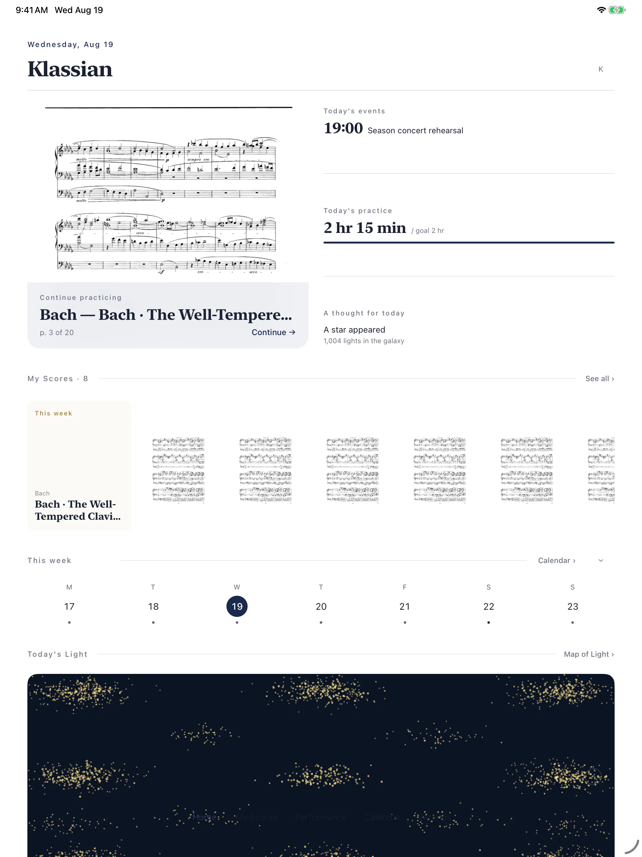 Home screen with the practice log and upcoming events