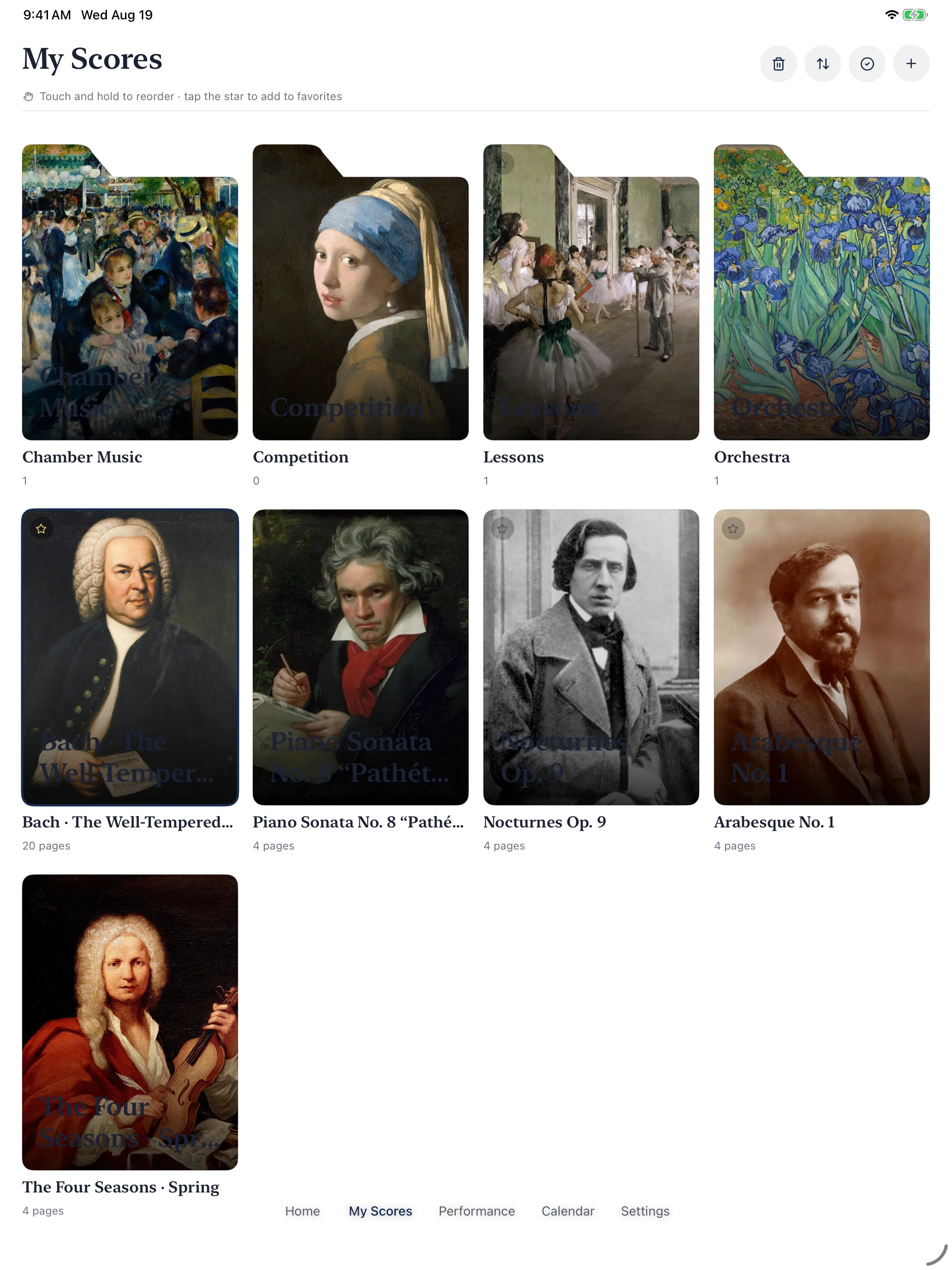 Folders with composer portraits and fine-art covers