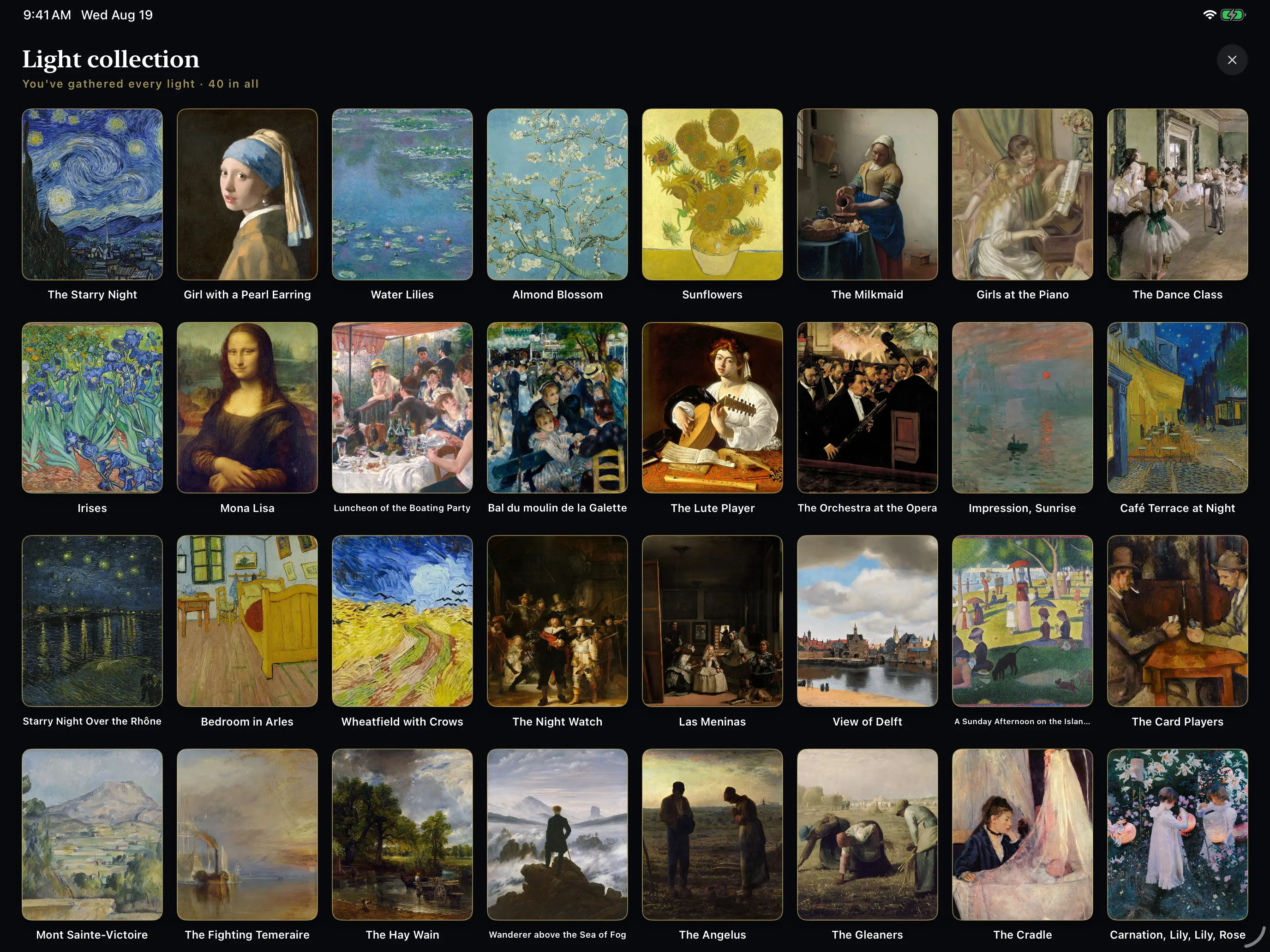 The collection with all 40 masterpieces unlocked